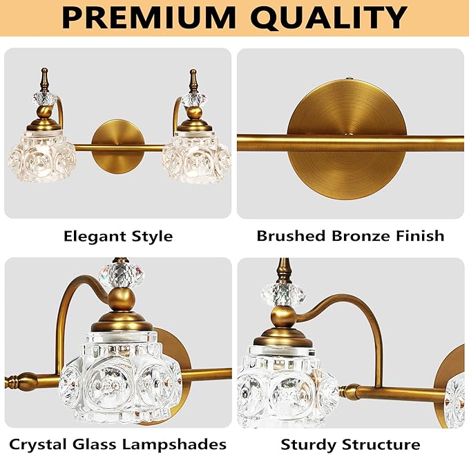 Montex Brass Bathroom Light Fixtures, Gold Vanity Light Vintage, Bathroom Vanity Light Fixtures, Wall Sconces Lighting for Bedroom, Living Room, Hallway, 2 Lights