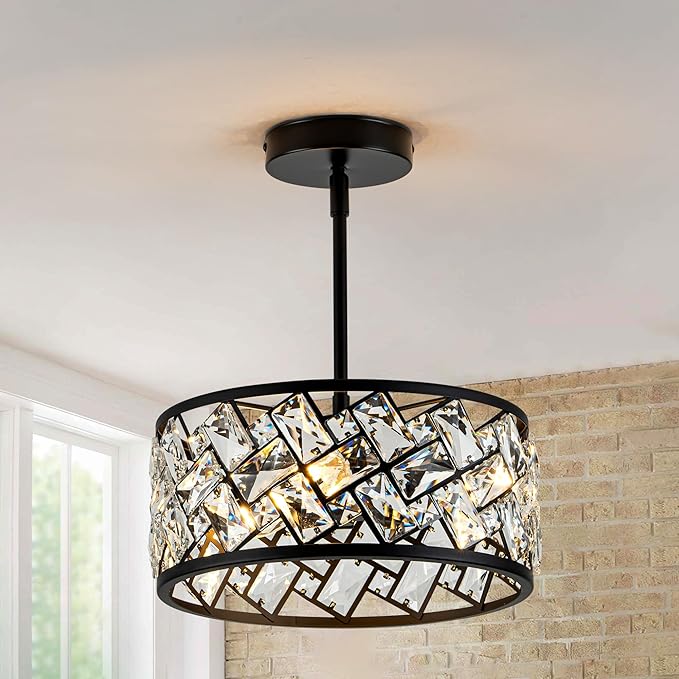 3-Light Crystal Ceiling Light Fixture, Modern Semi Flush Mount Ceiling Light, Black Crystal Chandelier for Kitchen Bedroom Bathroom Entryway Hallway