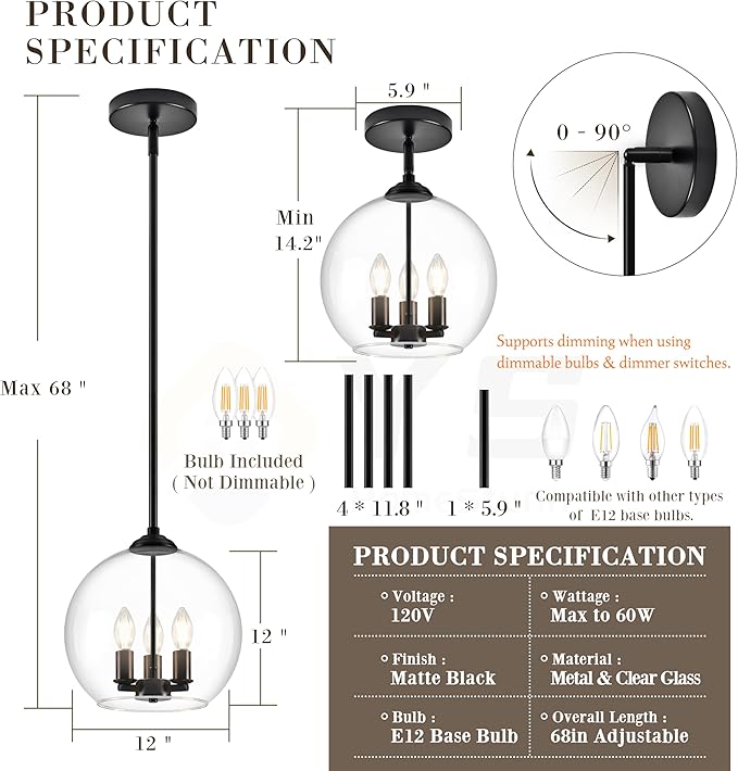 12" Globe Pendant Lights Kitchen Island 2 Pack Glass Globe Pendant Light Fixture Bedroom Mid Century Modern Pendant Lighting Black Pendant Light for Kitchen Island (Bulb Incl.)