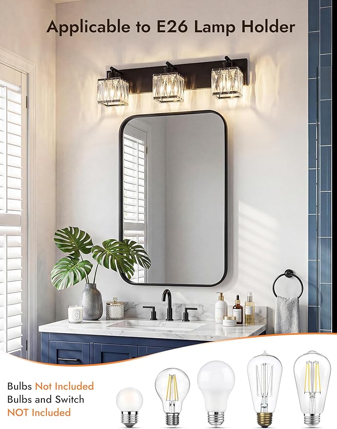 VOLISUN Black Bathroom Light Fixtures, Modern Bathroom Lighting Fixtures Over Mirror, 3 Light Bathrooms Vanity Light, Crystal Vanity Light for Bathrooms-UL Certificated(Exclude Bulb)