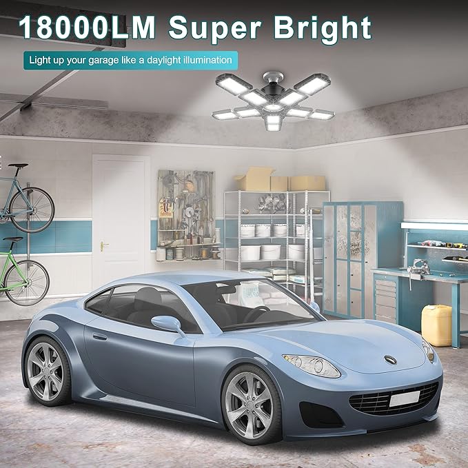 Nexillumi 4-Pack Led Garage Light 180W, 36000LM LED Shop Lights with E26/E27 Medium Base, 6000K Deformable Garage Lights Ceiling LED with 10+1 Adjustable Panels for Garage, Workshop, Attic, Basemen