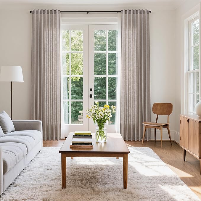 Nanspring Brownish Grey Linen Curtains for Living Room 94 Inches Long Back Tab Light Filtering Semi Sheer Curtain Modern Farmhouse Decor for Bedroom Office Luxury Textured Drapes 52x94, 2 Panels