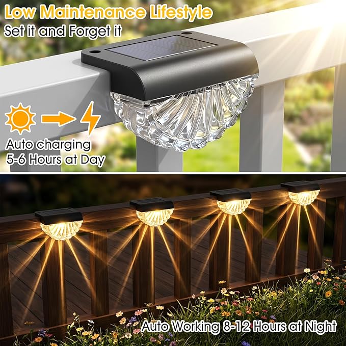 Greluna Solar Fence Lights, 8 Pack Waterproof Deck Outdoor Lights, Auto Dusk to Dawn Step Lights with Warm White Glow, Easy Install for Fence, Patio, Stairs, Pathway, Garden Lighting