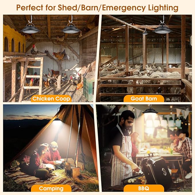 Solar Pendant Lights - Indoor/Outdoor, Daytime & Night 3200K/4000K/6000K Solar Shed Light with ON/Off Switch & Remote, Dimmable Hanging Chandelier Lights for Barn Porch Patio Chicken Coop