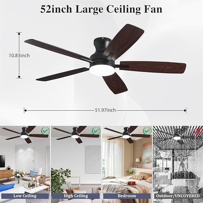 52 Inch Ceiling Fans with Lights and Remote Control, Indoor/Outdoor Flush Mount Low Profile Commercial Reversible Dimmable Ceiling Fans for Living Room Patio Industrial Shop, Black