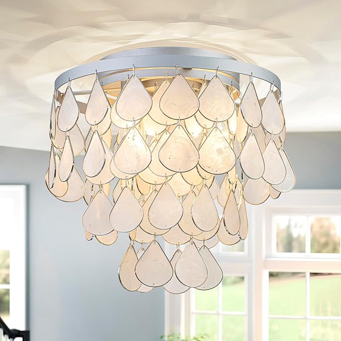 3-Light Teardrop Capiz Shell Ceiling Light, Coastal Design Flushmount Close to Ceiling Light for Kitchen, Dining Room & Bedroom, D11 * H11 inch, Silver Finish