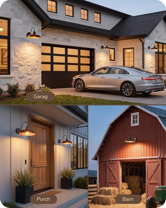 EDISHINE 12IN Farmhouse Outdoor Barn Light, 2 Pack Outdoor Wall Light Fixture, Gooseneck Outside Wall Sconce, Brown Wall Mount Lantern for Porch, Entryway, Garage
