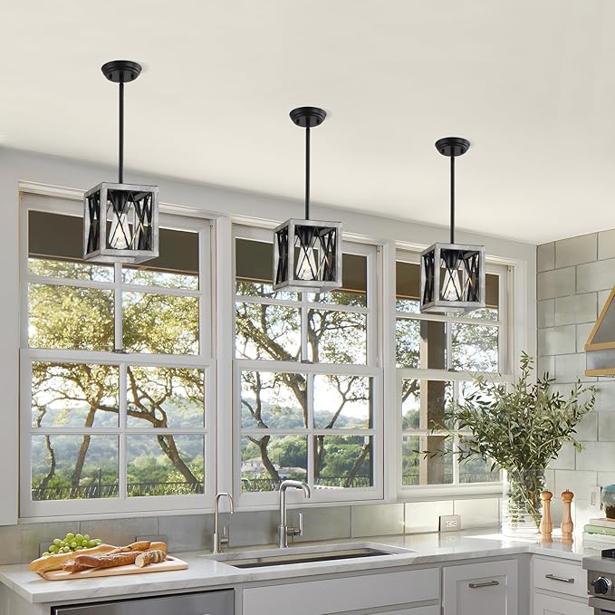 KEESFU Farmhouse Pendant Light with Metal Cage,1 Light Pendant Lighting for Kitchen Island,39 Inch Adjustable Rods for Flat and Slop Ceiling,Kitchen Island Hallway Foyer(2pack