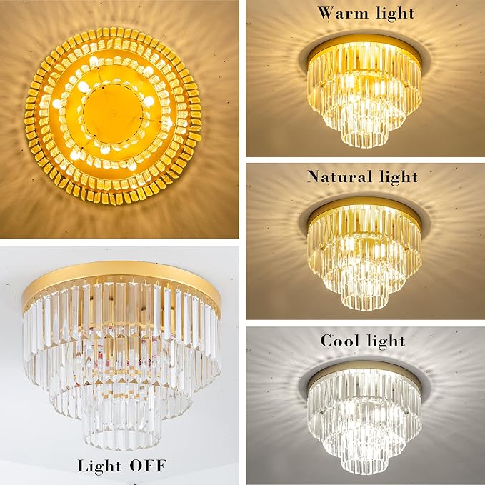 17" Flush Mount Crystal Chandelier 4-Lights Gold Crystal Ceiling Light 3-Tier Luxury K9 Dining Room Light Semi-Flush Ceiling Light for Bedroom Living Room Entryway Kitchen Island Hallway