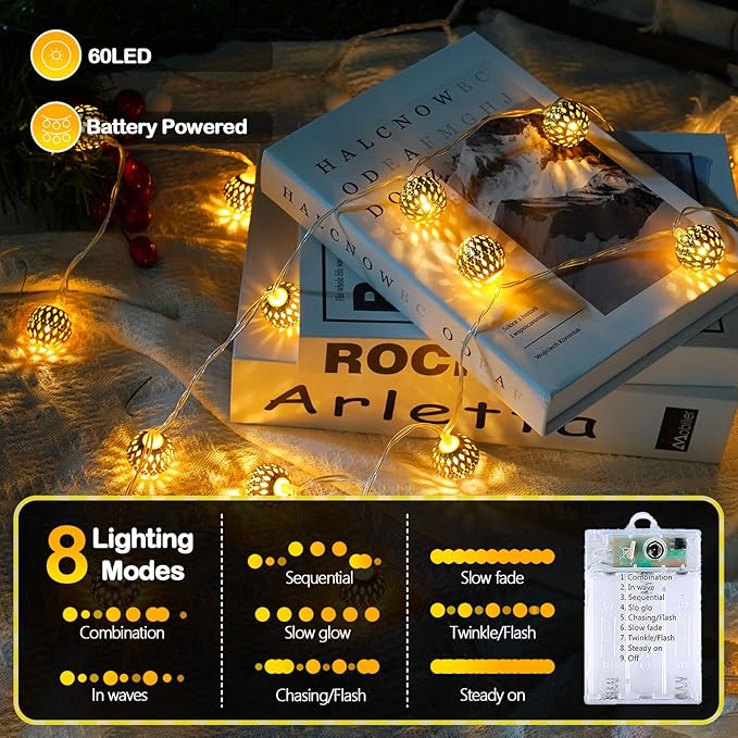 Moroccan String Lights Outdoor Battery Operated, 60 LED 36 FT Globe Fairy Lights with 8 Lighting Modes, String Lights with Timer for Bedroom Party Wedding Garden Classroom Indoor Decor(Warm White)
