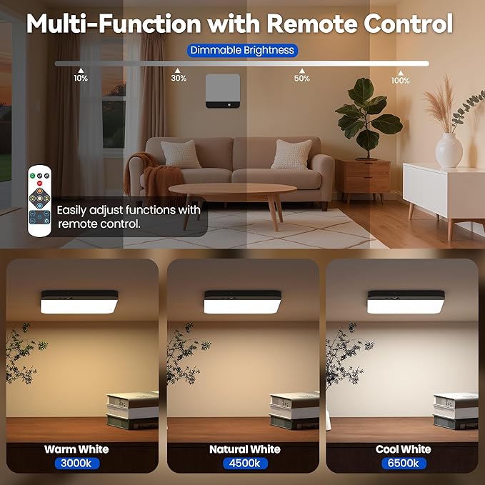 KINDEEP Rechargeable Motion Sensor Ceiling Light: Wireless Ceiling Light with Remote, 3 Color Temperatures Battery Operated Closet Light, Shower, Closet, Stairs, Hallway, Pantry, Black Shade, 1 Pack