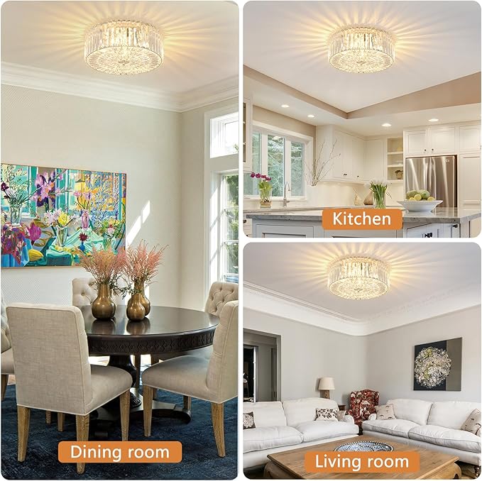17.5" Large Crystal Ceiling Light, 4-Lights Flush Mount Crystal Ceiling Light, Chrome Ceiling Lamp Modern Chandelier for Bedroom, Dining Room,Living Room, XDD007-4-CH