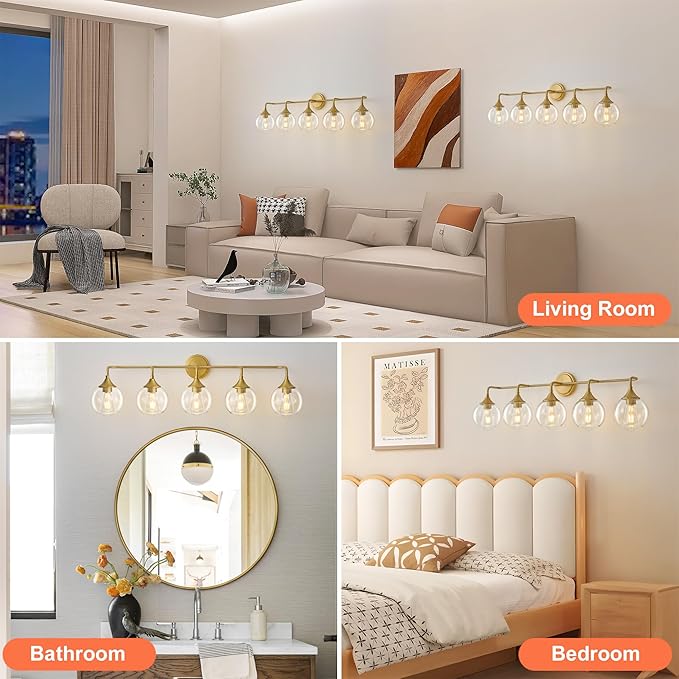 Bathroom Vanity Lights with Clear Glass Shade, E26 Base, Vanity Lighting Fixtures Over Mirror, 39 Inch Vanity Lights for Bathroom (Exclude E26 Bulb) (Gold, 5-Lights)