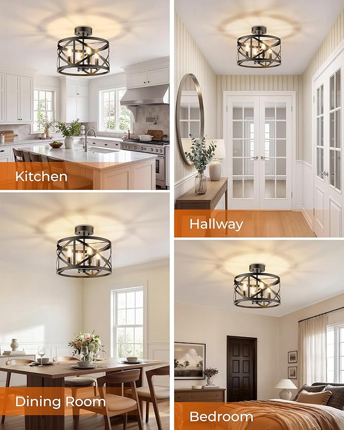 Matane Semi Flush Mount Ceiling Light, 4-Light 12inch Farmhouse Modern Light Fixture with X-Shape Cage, Industrial Rustic Ceiling Lamp for Kitchen, Dining Room, Bedroom, Hallway, Laundry Room, Black
