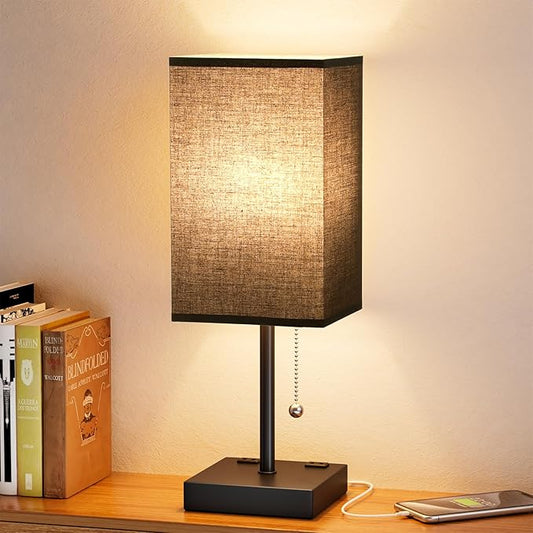 Black Medium Table Lamp with USB Ports - 3 Color Temperature Bedside Lamp for Bedroom, Pull Chain Control, USB A and C Ports, 2 AC Outlets, Bulb Included