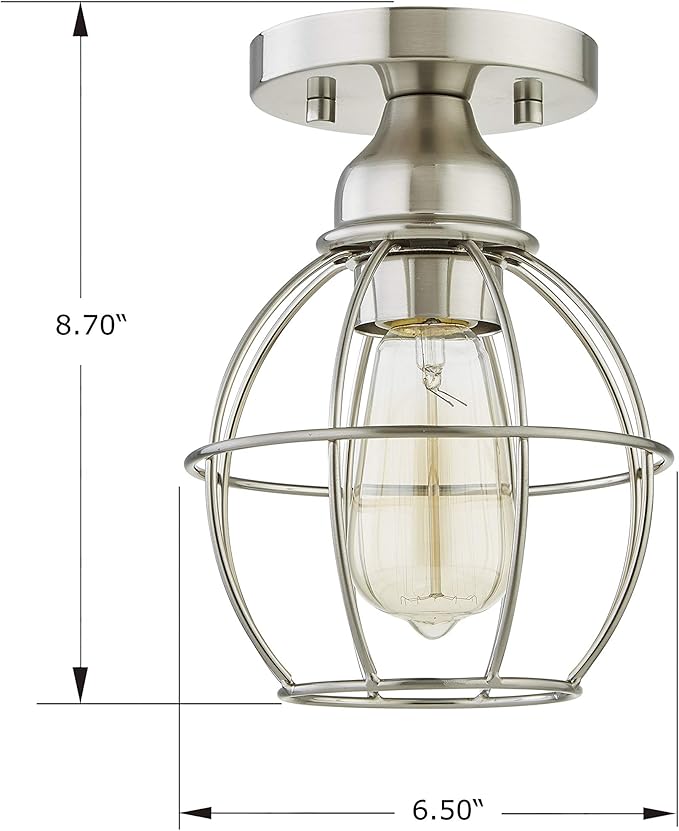 WISBEAM Brushed Nickel Semi Flush Mount Ceiling Light Fixture, Small Cage Ceiling Light E26 Medium Base MAX 60W, Metal Housing, ETL Rated, Bulbs NOT Included, 1-Pack