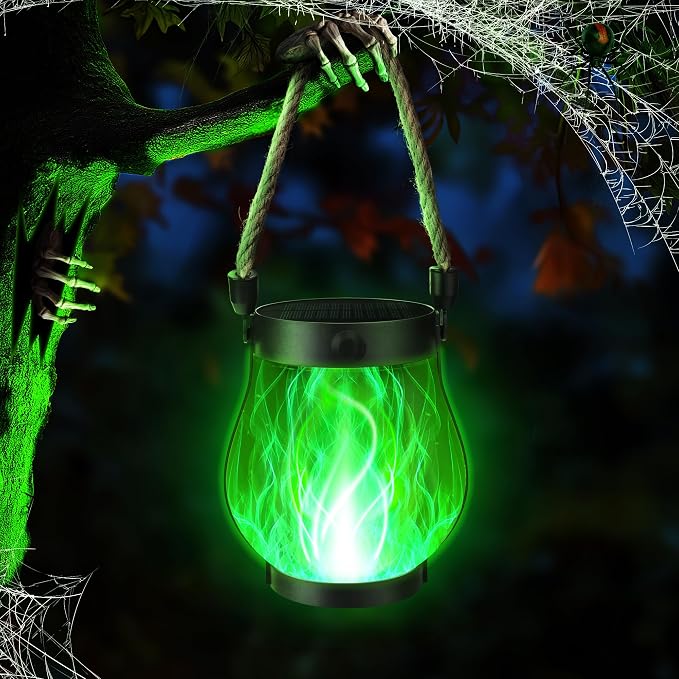 iBaycon 1 Pack Gen2 Solar Lantern Lights USB Halloween Flame Lamp, Green | Solar Garden Lights with Dual Charging USB & Solar, 2 Modes Outdoor Waterproof Hanging Lantern for Home Halloween Decor