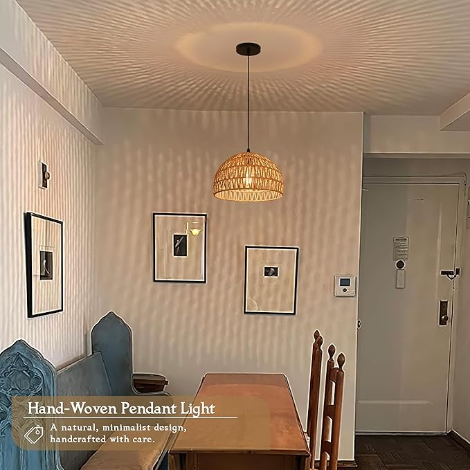 2 Pack Hemp Rope Woven Pendant Light Woven Light Fixture Boho Chandelier Light Fixture Wicker Pendant Lights Rattan Dome Wicker Chandelier for Dining Room Kitchen Island (Bulb Incl.