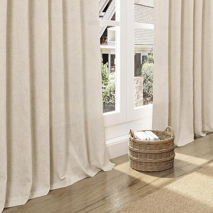 Cream Beige Linen 144 Inch Curtains for Living Room Light Filtering Semi Sheer Curtain Back Tab Modern Farmhouse Decor Elegant Coastal Drapes Floor to Ceiling High Window for Bedroom 52x144, 2 Panels