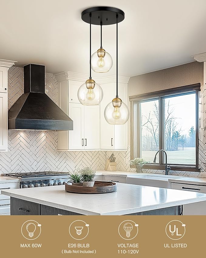 Emak Black and Gold Pendant Lights Kitchen Island, 3-Light Pendant Light with 7 Inch Globe Glass Shade, Modern Farmhouse Cluster Kitchen Island Lighting for Dining Room, Bathroom, PL119-BKBGD-CG-CL