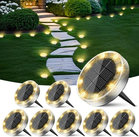 Peasur Solar Ground Lights Outdoor, 8 Pack Flat Solar Powered Disc Lights, IP68 Waterproof, Anti-Rust, Landscape Lighting for Pathway Garden Yard Lawn Walkway Landscape Driveway, Mini, Warm White