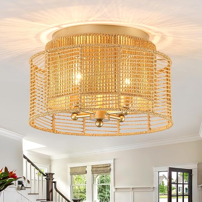 hesoge Boho Rattan Semi Flush Mount Ceiling Light Vintage Gold Ceiling Light Fixture 4 Light Round Chandelire for Farmhouse Bedroom Entryway Kitchen Foyer Dining Room