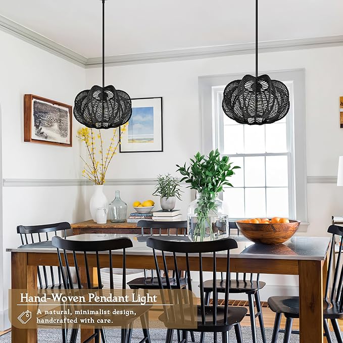 Black Rattan Pendant Light 12.6 in Rattan Light Fixture Wicker Chandelier Woven Pendant Light Boho Chandelier for Foyer