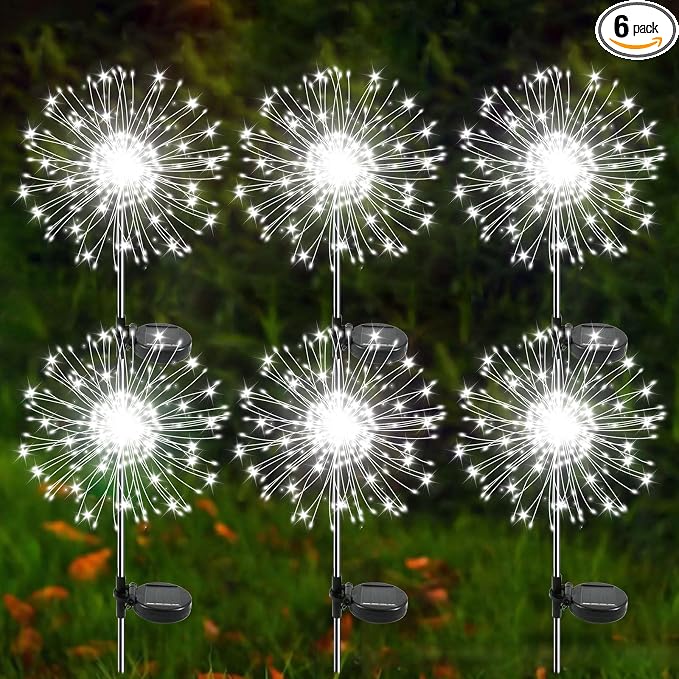 Solar Garden Lights Outdoor, 6 Pack 120 LED Twinkling Firework Lights Decorative with 2 Modes, Outdoor Waterproof Solar Starburst Light for Outside Yard Pathway Garden Decor, White
