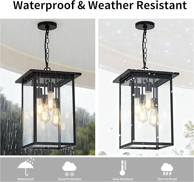 Large Outdoor Pendant Light Fixtures 4-Light Black Exterior Hanging Lantern with Clear Glass Outside Chandelier for Porch Front Door House Front Porch Entrance Foyer Entryway(Bulb Not Included)
