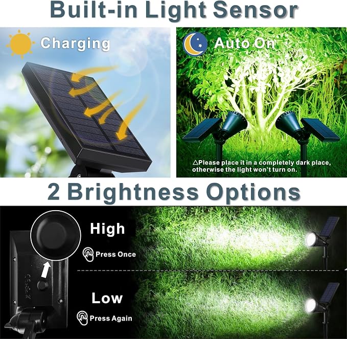 Solar Spotlights Outdoor, Bright 7-LED Landscape Spot Lights, Dusk-to-Dawn Waterproof Solar Powered Flag Pole Lights, Adjustable 2-in-1 Ground/Wall Mounted Lighting for Tree House Yard Garden (White)