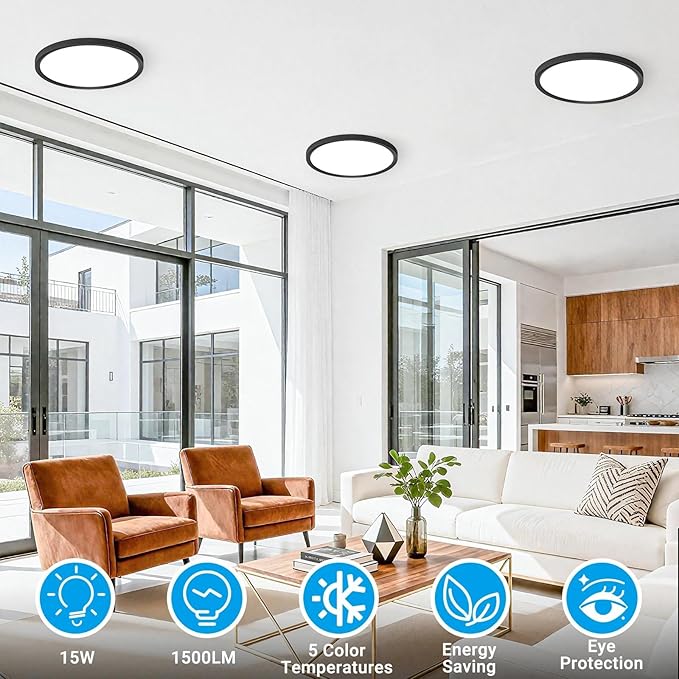 8 Pack LED Flush Mount Ceiling Light,7Inch 15W,3000K/3500K/4000K/5000K/6500K 5 Color Temperatures Ceiling Light Fixture for Kitchen Porch Hallway Bedroom Bathroom and Closet,Black