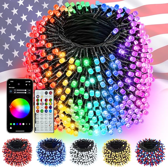 600LED Smart 4th of July String Lights App Controlled, 208T Waterproof Red White and Blue Lights, Patriotic RGB Color Changing Twinkle Light with Remote & Timer Indoor Outdoor for Memorial Day Decor