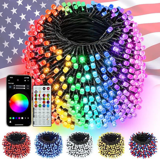 600LED Smart 4th of July String Lights App Controlled, 208T Waterproof Red White and Blue Lights, Patriotic RGB Color Changing Twinkle Light with Remote & Timer Indoor Outdoor for Memorial Day Decor