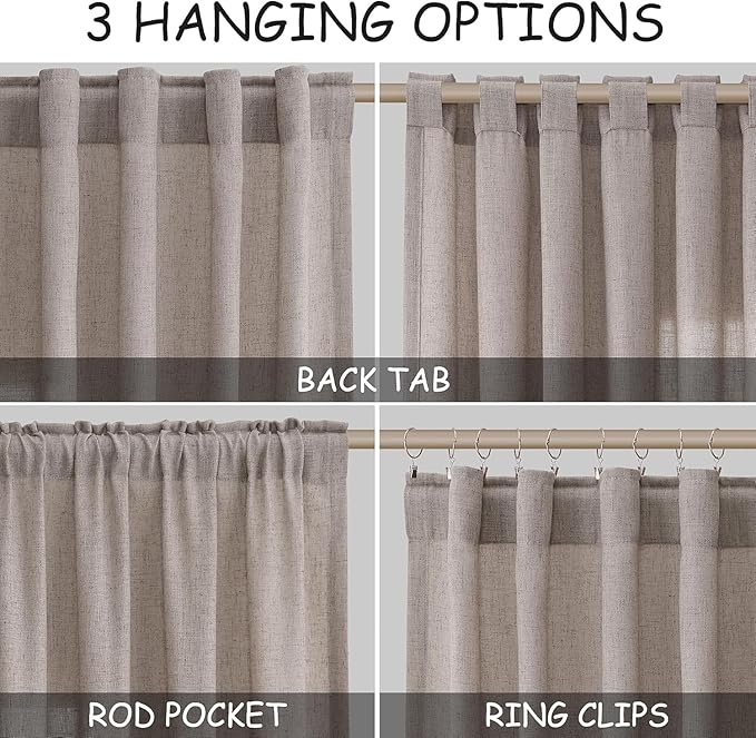 Nanspring Brownish Grey Linen Curtains for Living Room 98 Inches Long Back Tab Light Filtering Semi Sheer Curtain Modern Farmhouse Decor for Bedroom Office Luxury Textured Drapes 52x98, 2 Panels