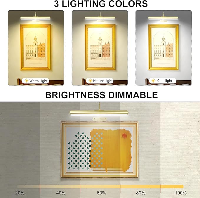 Set of 2 Picture Lights on Wall Rechargeable and Remote, Full Metal Painting Light with 3 Lighting Colors Brightness Dimmable and Timer Auto-OFF, Above Artwork Dartbord Display Gallery Portrait