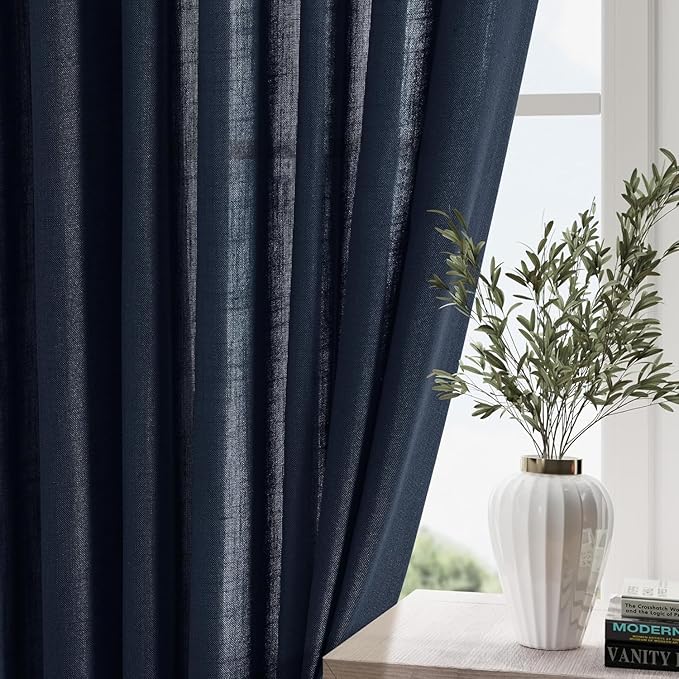 Navy Blue Linen Blend Drapes 84 Inch Length 2 Panels Set Back Tab Rod Pocket Light Filtering Semi Sheer Textured Indigo Blue Curtains Boho Farmhouse Decor Curtains for Living Room Bedroom 40x84