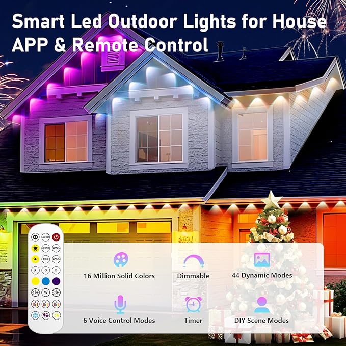 AHAWILL 100FT Christmas Permanent Outdoor Lights,RGB Eaves Lights with App & Remote Control,DIY Multi-Color Scene Modes,IP67 Waterproof,Outdoor Strings for House,Holiday Decorations for Christmas