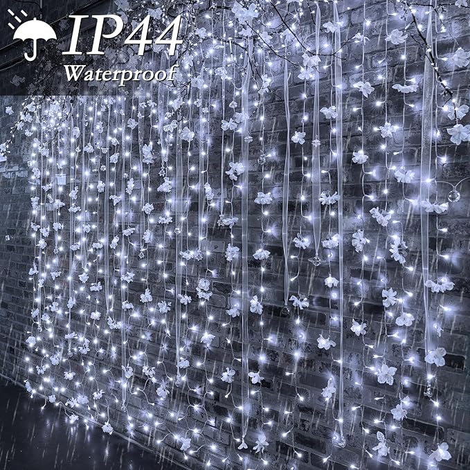 200 LED Cool White Curtain String Lights 9.8x6.6FT, Plug in Fairy Lights with 9 Hooks Dimmable Timer & 8 Modes, IP44 Waterproof, Bedroom Office Wall Wedding Party Christmas Indoor Outdoor Decor