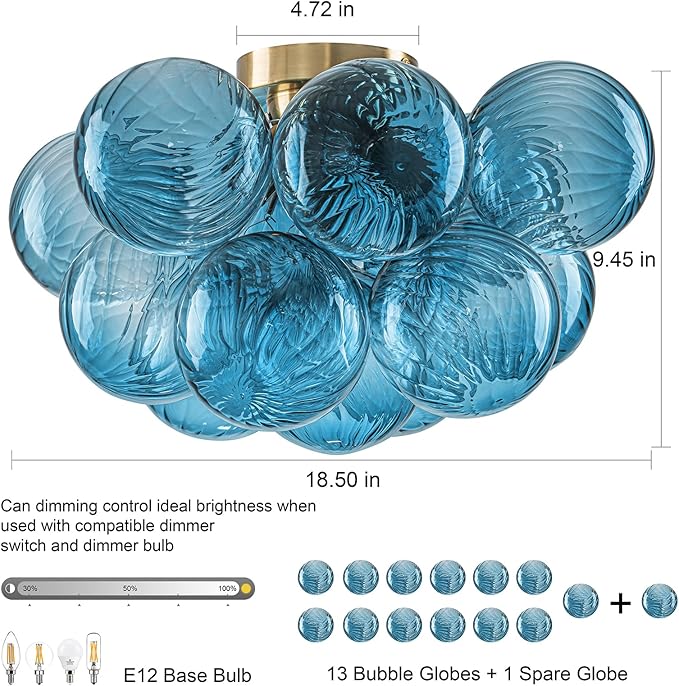 GoYeel Flush Mount Chandelier Gold, Kitchen Lights Ceiling Modern Glass Bubble Light Chandeliers 18.5" with 13 Swirled Blue Globe for Dining Room Bathroom Entryway Bedroom
