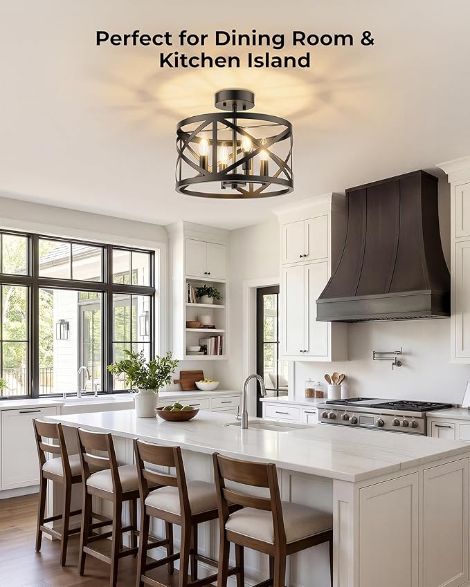 Matane Semi Flush Mount Ceiling Light, 4-Light 12inch Farmhouse Modern Light Fixture with X-Shape Cage, Industrial Rustic Ceiling Lamp for Kitchen, Dining Room, Bedroom, Hallway, Laundry Room, Black
