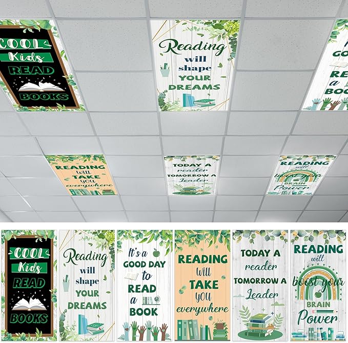 6 Pcs Eucalyptus Leaves Fluorescent Light Covers for Classroom Reading Theme Ceiling Light 4 x 2 Feet Magnetic Light Covers Filter Easy Install for Office Hospitals Home Supplies(Eucalyptus Leaves)