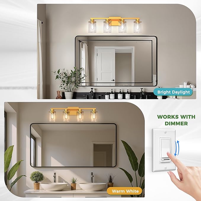 DORESshop 4-Light Vanity Light Fixtures, Gold Bathroom Light Fixtures Over Mirror with Clear Glass Shade, Modern Vanity Lights for Living Room Bedroom