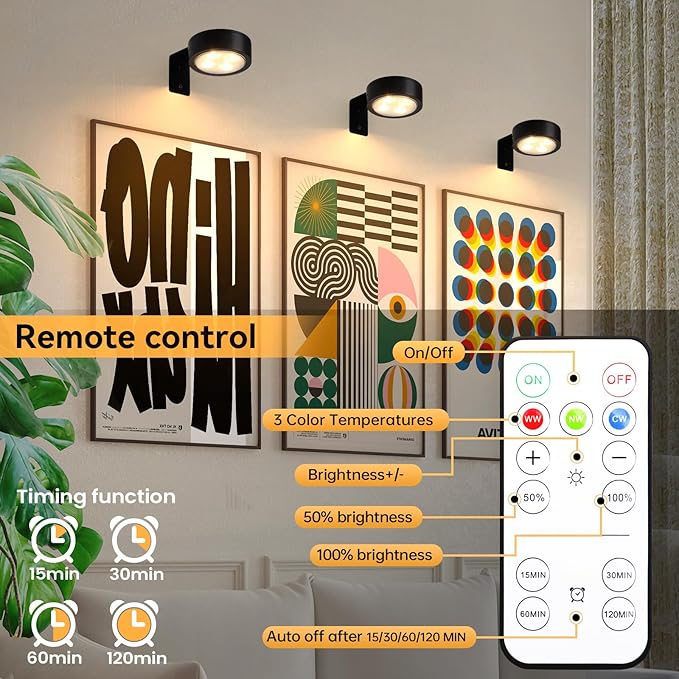 KELUOLY 4-Pack Picture Light Battery Operated with Remote, Led Lights Dimmable and Timer Painting Light, Art Display Light for Picture Frame Artworking Portrait, Home Wall Decor Puck Lights, Black