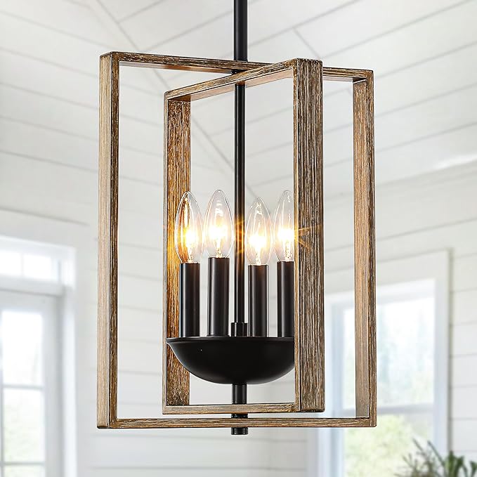 12.2" Farmhouse Chandelier, 4-Light Wood Textured Pendant Lights Kitchen Island, Rustic Hanging Light Fixture for Dining Room Kitchen Sink Foyer Hallway Bar
