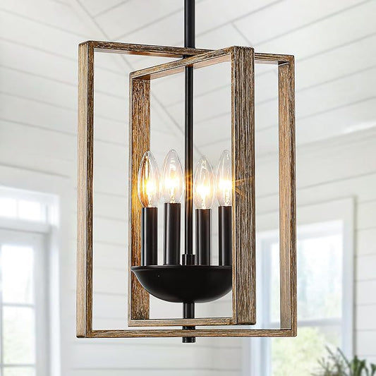 12.2" Farmhouse Chandelier, 4-Light Wood Textured Pendant Lights Kitchen Island, Rustic Hanging Light Fixture for Dining Room Kitchen Sink Foyer Hallway Bar