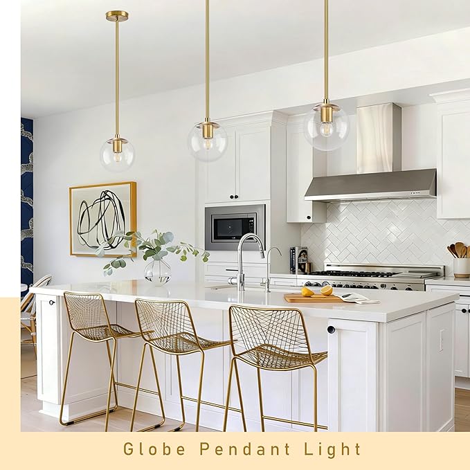 Bagood 6" Globe Pendant Light Gold 2 Pack Mid Century Pendant Light Globe Pendant Lights Kitchen Island Brushed Brass Finished with Clear Glass Adjustable Ceiling Light Fixtures for Dining Room Bar