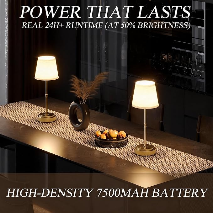 Rechargeable Cordless Table Lamp Gold - 1 Pack Brass 7500mAh Battery Operated Lamp, Small Antique Brass Aesthetic Desk Lamp for Kitchen Counter, Bathroom Vanity & Dining Room
