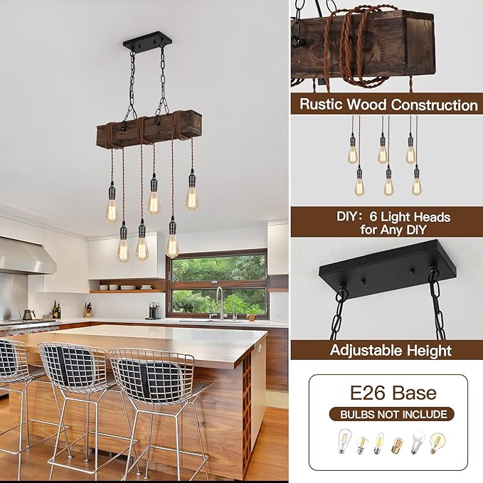 KEESFU 6-Lights Dining Farmhouse Chandelier, Farmhouse Wooden Ceiling Pendant Light, Height Adjustable, Rustic Chandelier for Kitchen Island Dining Room Bar Pool Table Cabin.