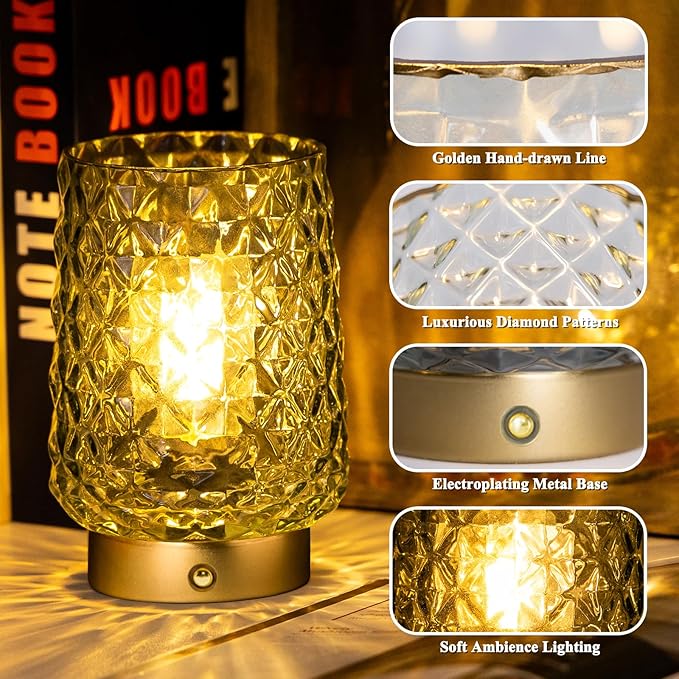 MJ PREMIER Cordless Rechargeable Table Lamp, Dimmable Portable Night Light with Diamond Facet Design 1800mAh Battery Operated Lamp for Bedside Patio Outdoor Home Decor, Emergency Gift for Women Green
