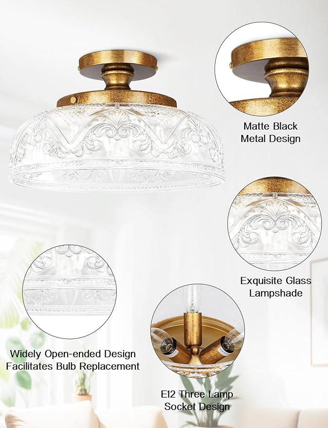 Semi Flush Mount Ceiling Light, 12 Inch Large Copper Ceiling Light Fixture, 3-Light Globe Glass Farmhouse Kitchen Lighting Fixtures for Bathroom, Hallway, Dining Room (Bulb Not Included)